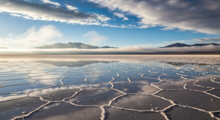 Expansive, glistening salt flat with perfect reflections under a cloudy blue sky
