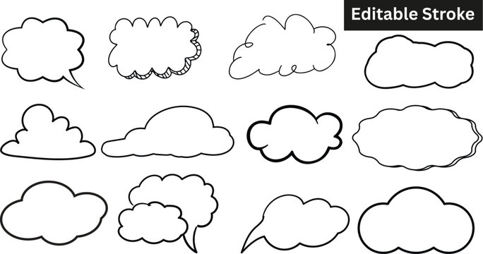 Hand drawn clouds and speech bubbles set. Vector doodle sketch collection of thought bubbles and cloud icons. Editable stroke