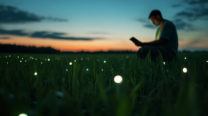 A solitary figure kneels in a vibrant green field at twilight, engrossed in a digital tablet amidst the glowing orbs, casting a serene glow under the colorful sunset.