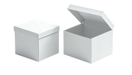 Two white, square boxes, one closed, one with open lid