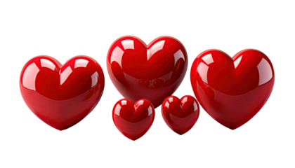 Five glossy, bright red, heart shapes on a black background