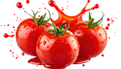 Three tomatoes, glistening, with tomato juice splashing around