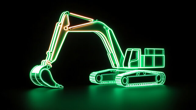 Futuristic excavator with vibrant neon outlining the form of the heavy construction vehicle against a black background. The scene evokes a sense of modernity and power. - Powered by Adobe