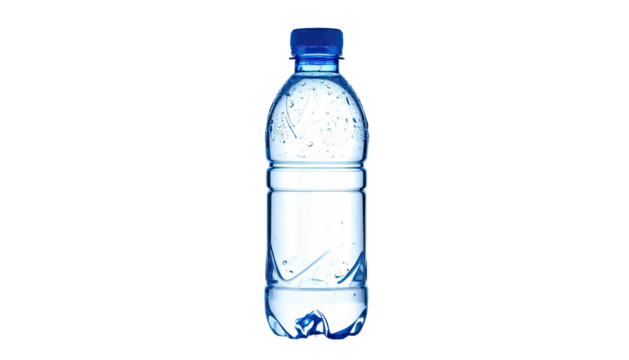 Bottle of clear water with condensation against black background