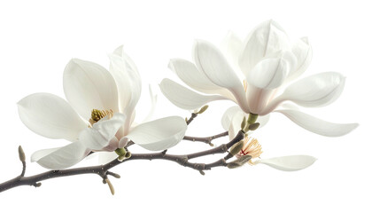 Two white magnolia blossoms on a thin twig, delicate beauty