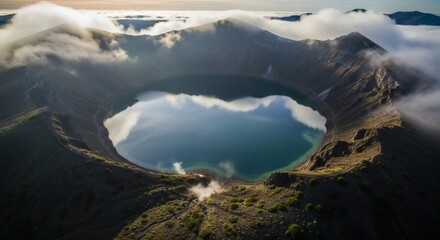 Aerial view of a crater lake, surrounded by mountains, with clouds partially obscuring the scene