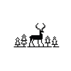 Pixel Art Black Deer Silhouette Standing Among Trees on a White Background