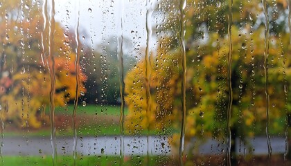Rain streaks down a window, blurring trees with fall foliage colors in the background. Moody, wet, serene