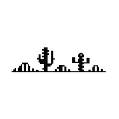 Fototapeta premium Pixel Art Black Cactus Silhouette with Pixelated Ground on White Background