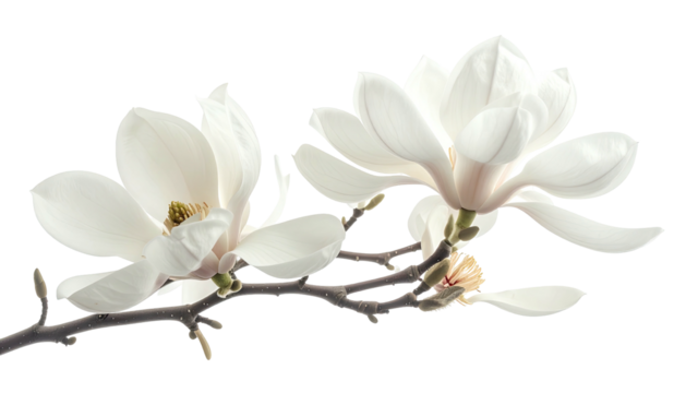 Two white magnolia blossoms on a thin twig, delicate beauty - Powered by Adobe