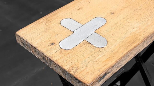 Close-Up of Wooden Table with Metal X-Shaped Repairing Detail on Rustic Surface - Powered by Adobe