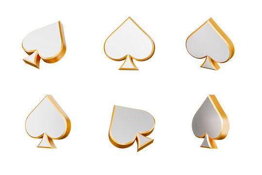 Six gold-edged white spade suit symbols rendered in 3D style, isolated on a clean white background. Concept of gaming, casino, or card game template. 3D Rendering.