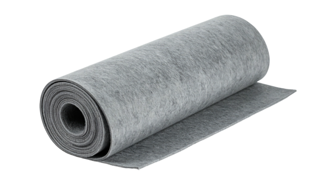 Rolled grey textile material with fibrous texture on dark background