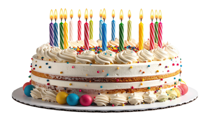 Iced layer cake with candles and sprinkles, birthday celebration