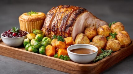 A beautifully presented turkey dinner features roast turkey, golden potatoes, vibrant carrots, and brussels sprouts. Accompanied by cranberry sauce and rich gravy on a warm wooden platter