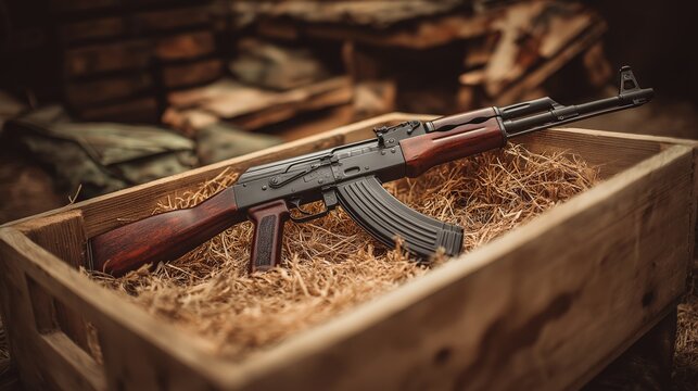 AK47 Rifle in Rustic Wooden Crate