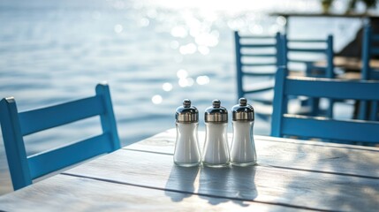 Seaside cafe table with salt shakers, chairs, ocean view