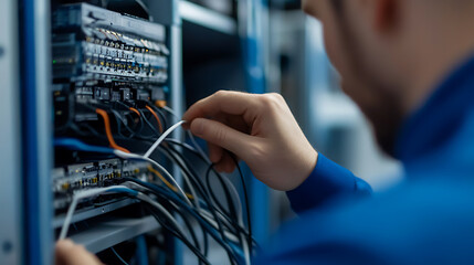 Technician managing server cables, ensuring optimal network performance. The image highlights the intricate network infrastructure and the essential work of data center professionals.