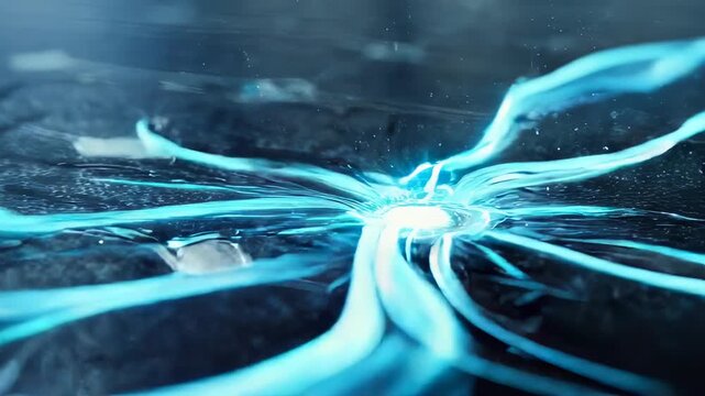 Abstract Blue Energy Bursting From Dark Textured Surface With Floating Particles