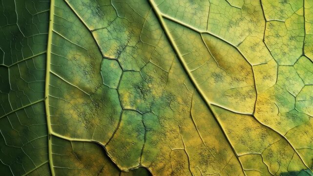 A leaf with a green and yellow background. The leaf is torn and has a brownish color. A textured leaf surface with jagged edges and a mix of colours