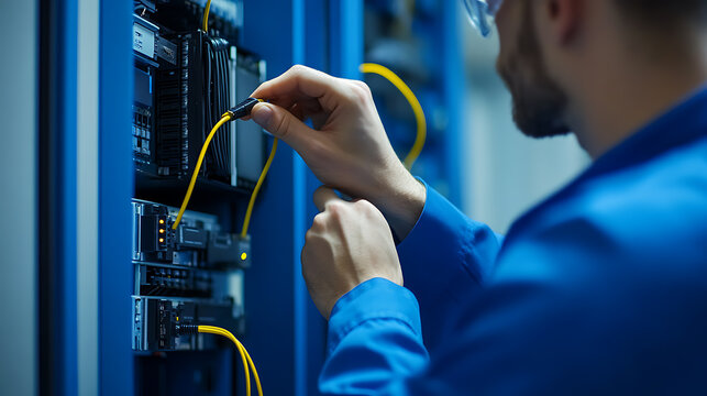 A technician connecting a yellow cable to a server rack in a data center. The technician is wearing a blue shirt and safety glasses, and the server rack is blue. Ensuring network reliability.
