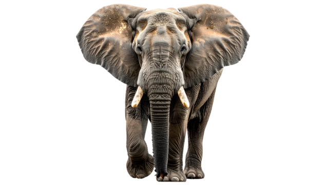 Elephant confronts forward, large ears out, on black