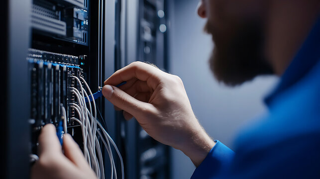 IT engineer plugs data cable into server rack for connectivity. Data center employee is responsible for proper connections. The backbone of the Internet.