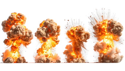 Four-stage orange fire explosions against a black backdrop