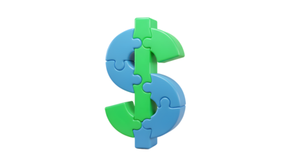 3D puzzle in the shape of a dollar sign on a transparent background, investment strategy concept, 3d illustration