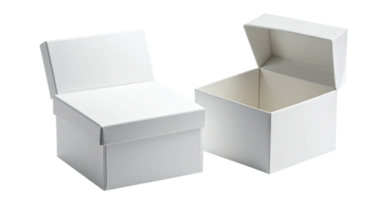 Two white boxes, one closed with the other open, against black