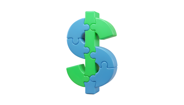 3D puzzle in the shape of a dollar sign on a transparent background, investment strategy concept, 3d illustration