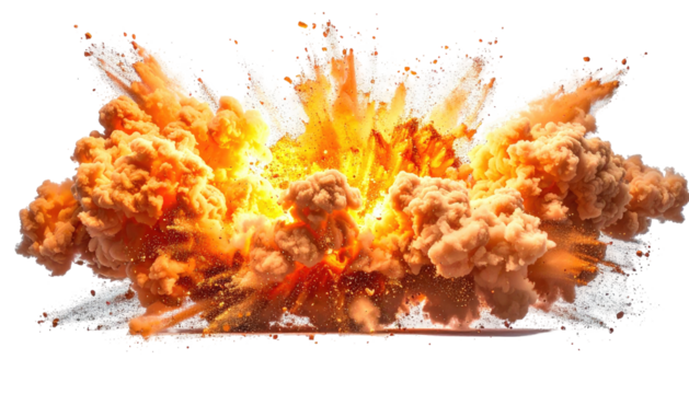 Fiery explosion with dense clouds, intense heat and shockwaves