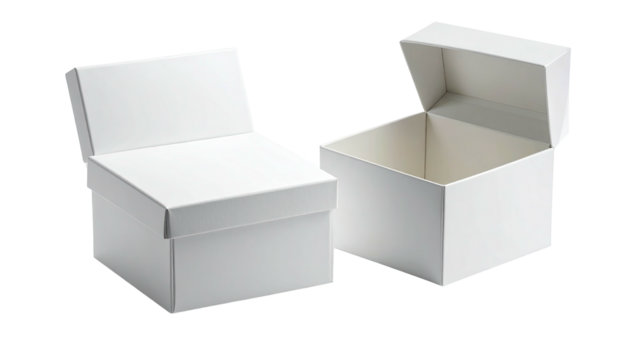 Two white boxes, one closed with the other open, against black