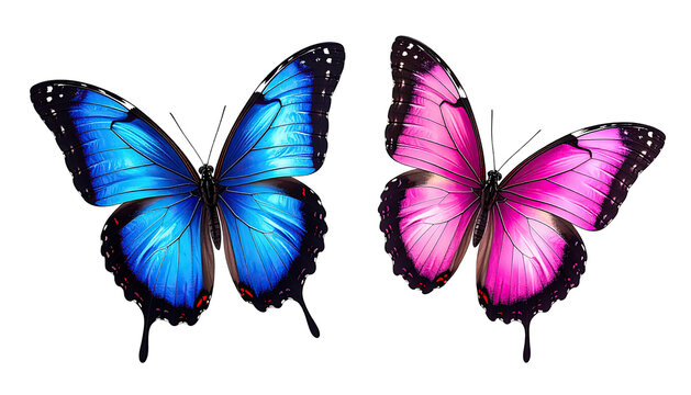 Two butterflies, one blue, one pink, wings spread on dark background - Powered by Adobe