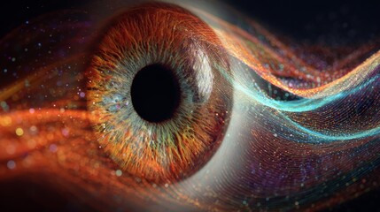 The spectrum within: exploring the vibrant eye of innovation. Signal transmission. Exploring the chromatic harmony in the complexity of rainbow eyes. Data network. Digital communication.