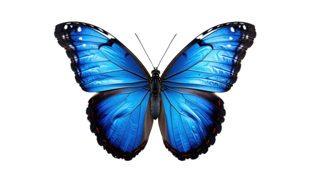 Blue butterfly spreads wings, black-edged, against stark backdrop