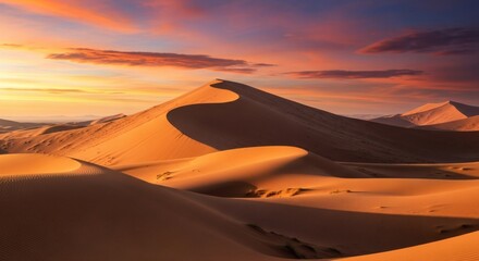 Majestic golden sand dunes bathed in warm light under a vibrant, colorful sunset sky