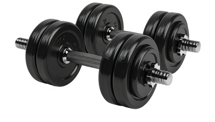 Two black dumbbells, adjustable weights, shiny and metallic
