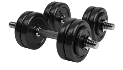 Two black dumbbells, adjustable weights, shiny and metallic