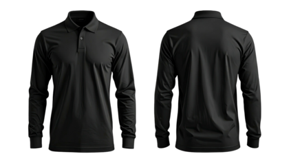 Black long-sleeved polo shirt, front & back view on dark background