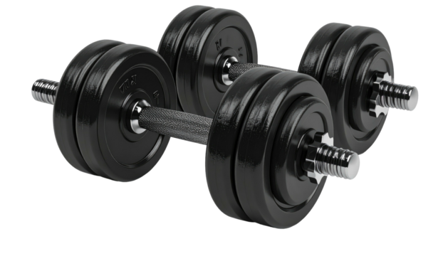 Two black dumbbells, adjustable weights, shiny and metallic - Powered by Adobe