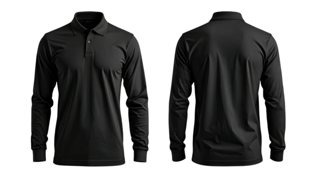 Black long-sleeved polo shirt, front & back view on dark background