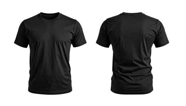 Black t-shirt shown front and back against a black background