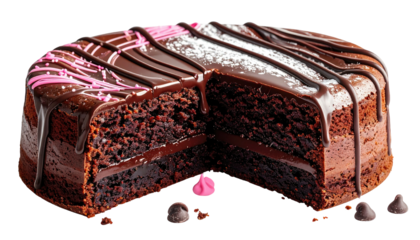 Cut chocolate cake with drip icing and pink decor, close-up