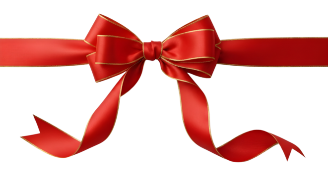 Luxurious red satin ribbon bow with golden edges for Christmas gift wrapping isolated PNG with Transparent Background - Powered by Adobe