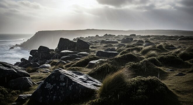 Dramatic coastal landscape with rocky terrain, sea, cloudy sky, and the sun breaking through