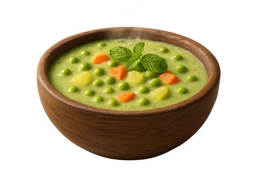 Fresh pea soup in wooden bowl, featuring peas, carrots, potatoes, mint, ready to eat, transparent background