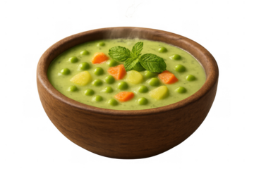 Fresh pea soup in wooden bowl, featuring peas, carrots, potatoes, mint, ready to eat, transparent background