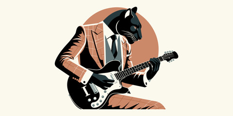 Obraz premium Stylish anthropomorphic black panther in a sharp suit playing an electric guitar, exuding cool jazz and rock vibes with a retro aesthetic and vibrant minimalist illustration