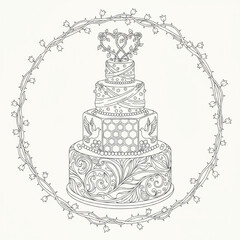 An intricate line art design of a wedding cake